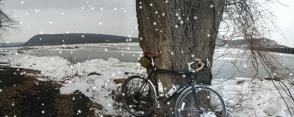 Cross-Check by the frozen Susquehanna.  The wind coming across the icy water was rather unpleasant.  I hid in the lee of that big tree to drink my coffee.