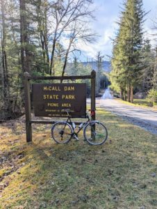 Bike next to Mcall Dam State Park sign
